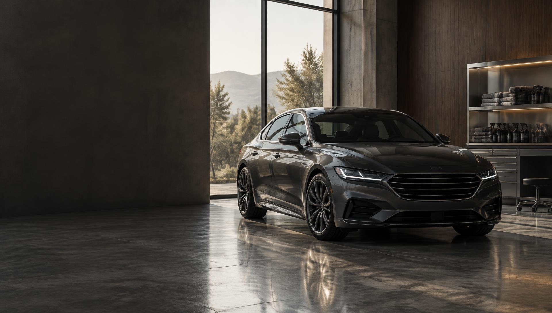 A dark graphite sedan parked in an architectural concrete detailing studio with shelves of microfibre towels